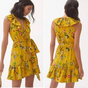 Maeve Mustard Yellow Floral Wrap Ruffle Mini Dress